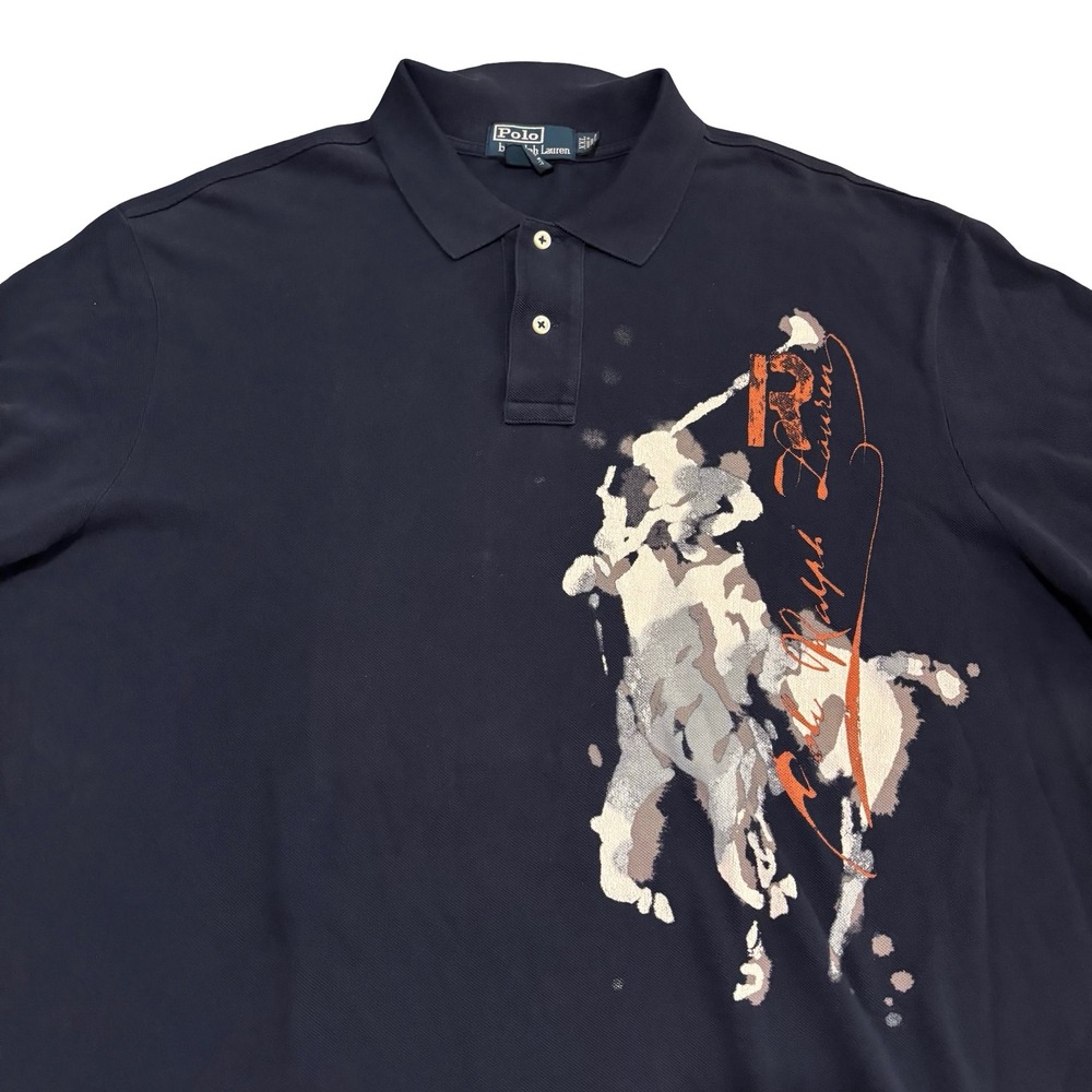 Polo Ralph Lauren Mens XXL Navy Blue Big Pony‎ Splatter Graphic Polo Shirt Vtg